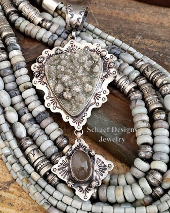 Schaef Designs Taupe Druzy Chalcedony & stamped sterling silver Southwestern pendant | Arizona