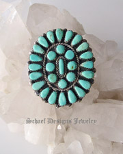 Old pawn Blue Turquoise & Sterling Silver large cluster ring | Collectible Native American Turquoise online Jewelry gallery | Schaef Designs Collectible artisan handcrafted Southwestern & Equine Jewelry | New Mexico 