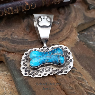Schaef Designs turquoise & stamped sterling silver dog bone pendant for pet lovers | Schaef Designs Pet Jewelry | Arizona 