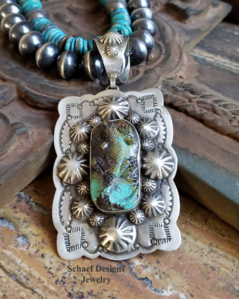 Schaef Designs carved turquoise lizard on stamped sterling silver Southwestern Totem Animal Pendant | New Mexico  
