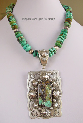Schaef Designs carved turquoise lizard on stamped sterling silver Southwestern Totem Animal Pendant | New Mexico 