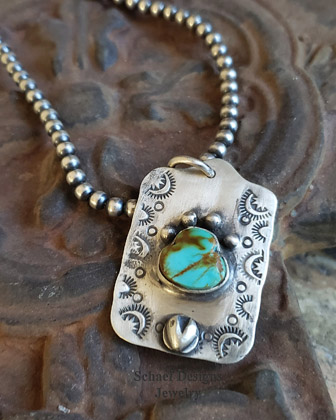 Schaef Designs kingman turquoise & stamped sterling silver Southwestern Dog tag pendant | Arizona 