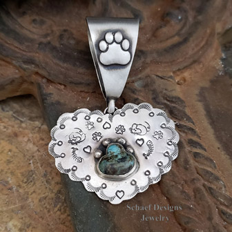 Schaef Designs Turquoise Loaded with Matrix & Paw Print on Hand Stamped Sterling Silver Southwestern Heart Pendant Paw Print Bail | Arizona