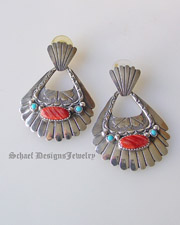Unsigned pawn red spiny oyster shell & turquoise with stamped sterling silver fan post earrings | online jewelry boutique| Schaef Designs Upscale Southwestern Jewelry | New Mexico
