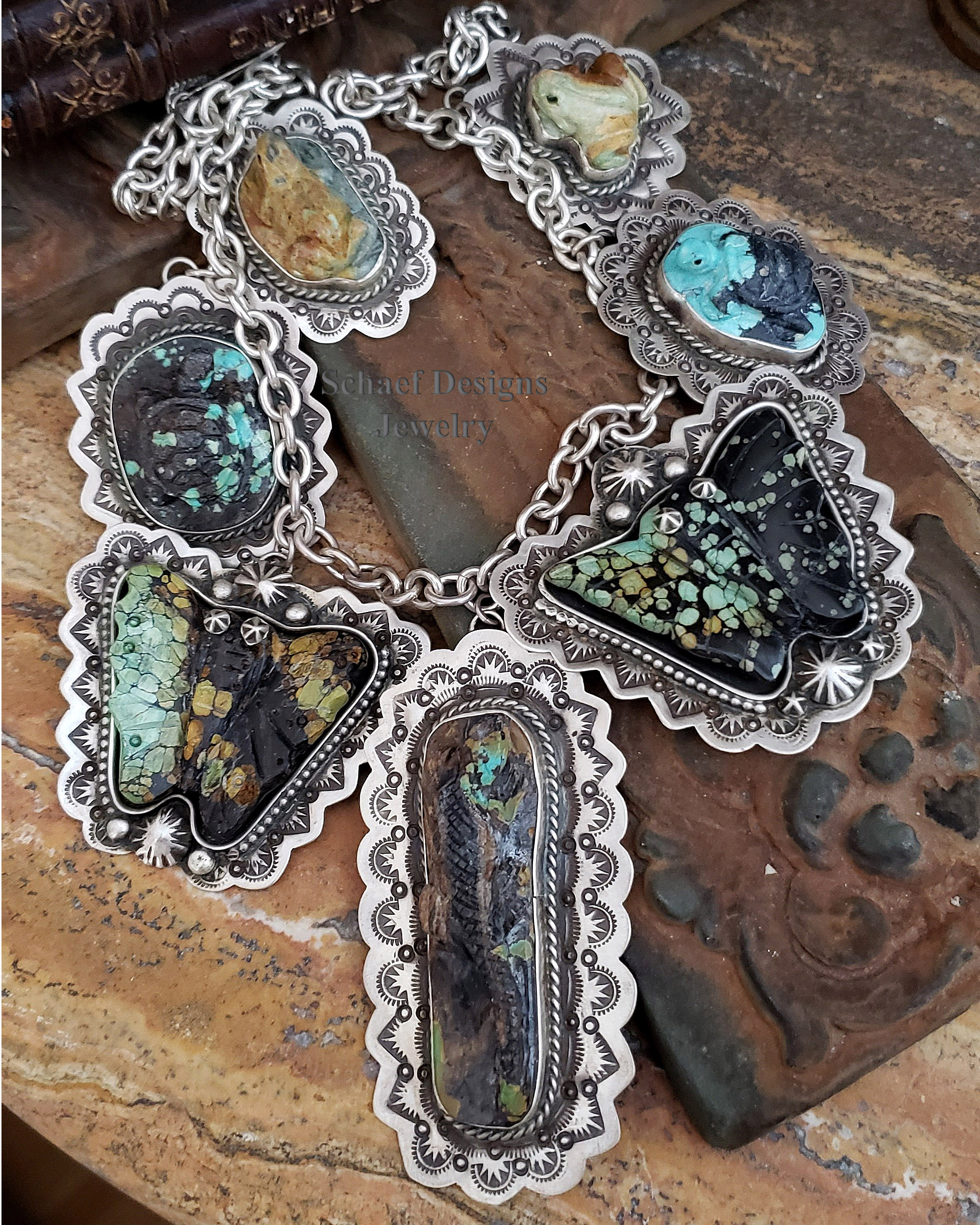 Schaef Designs Turquoise Totem Animal necklace with lizard, butterflies, turtles, and frogs | Schaef Designs artisan handcrafted Southwestern, Native American & Equine Jewelry | Online upscale southwestern equine jewelry boutique gallery | San Diego CA  