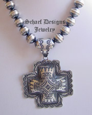 Artist signed VJP Vincent Platero hand Stamped Silver Square Cross Pendant | Native American Jewelry | Schaef Designs Jewelry | New Mexico