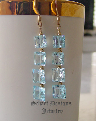 Schaef Designs Swiss Blue Topaz Square cut gemstones & 22kt gold vermeil dangle french wire earrings | New Mexico 