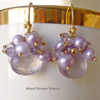 Schaef Designs Mystic Pink Amethyst Briolettes,  crowned with lavendar pearls & amethysts 22kt gold vermeil gemstone earrings | New Mexico  