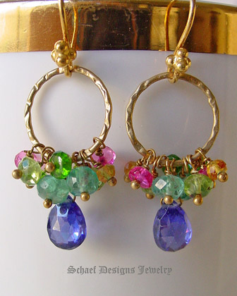 Schaef Designs Peridot apatite pink rubies citrine chrome diopside & tanzanite CZs gemstones on brushed gold 22kt gold vermeil ring & dangle earrings | New Mexico 