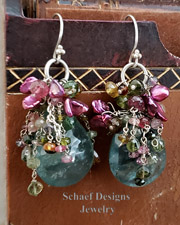Schaef Desigsn Gorgeous Large Moss Aquamarine Briolettes topped with tendrils of shaded Tourmalines and Keishi Pearls | Arizona 