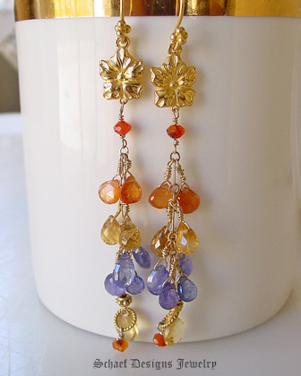  Schaef Designs Tanzanite Citrine Sesparite Briolettes paired with Carnelian & 22kt gold vermeil long dangle gemstone earrings | New Mexico
