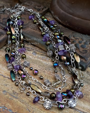 Schaef Designs Amethyst Olive Quartz, Pearl & Sterling Silver Figaro Chain Multi Strand bib Necklace | Arizona