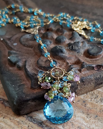 Schaef Designs Large 25 Ct Blue Topaz briolette, peridot, yellow and blue topaz, & pink CZ Monet rosary style necklace with 24kt gold vermeil & blue topaz linked chain | New Mexico