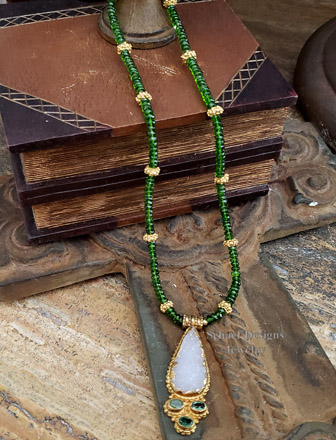 Schaef Designs Deep green chrome diopside, white druzy, & 24kt gold vermeil pendant on chrome diopside necklace | Arizona