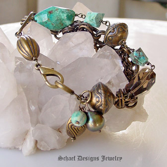 Schaef Designs Chrysocolla Smokey Topaz Nuggets Large olive freshwater pearls bronze chains & beads multi strand bracelet | New Mexico 