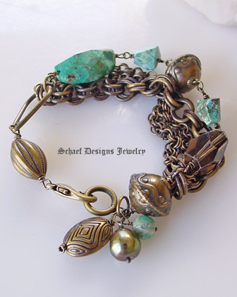 Schaef Designs Chrysocolla Smokey Topaz Nuggets Large olive freshwater pearls bronze chains & beads multi strand bracelet | New Mexico 