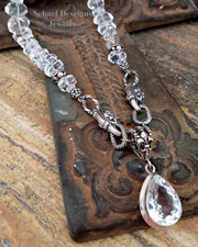 Schaef Designs Clear Crystal Quartz Nugget & Sterling Silver Necklace with White Topaz Teardrop Solitaire Pendant & Ornate Fleur de Lis connectors | Arizona 