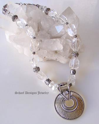 Schaef Designs Clear quartz & sterling silver necklace with large round hammered sterling silver pendant | New Mexico 