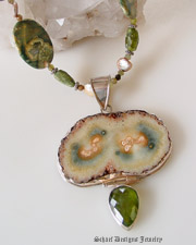 Rhyolite, Peach Coin Pearl, Peach Moonstone, Vesuvianite, gemstone Necklace | Schaef Designs Gemstone Jewelry | New Mexico 
