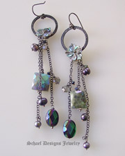 Mystic labradorite spinel onyx, abalone carved flowers pearls & black silver dangle earrings  | Schaef Designs artisan handcrafted gemstone Jewelry | upscale online jewelry gallery boutique | San Diego, CA 