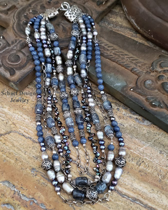 Schaef Designs Kyanite pearl & sterling silver multi strand designer necklace | New Mexico