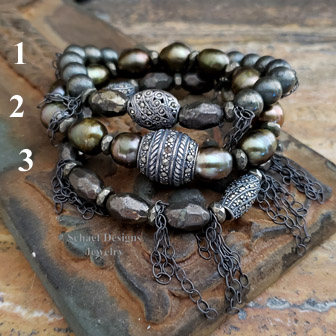 Schaef Designs Olive freshwater pearls, bronze pyrite, marcasite & sterling silver stacking bracelets | Arizona 
