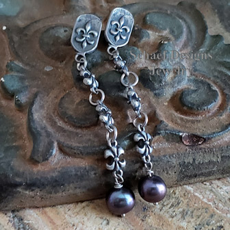 Schaef Designs Peacock Pearl & Fleur de lis chain post earrings | New Mexico  