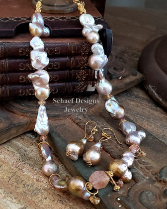 Schaef Designs Lustrous peach Nucleated Freshwater Pearl, Imperial Topaz & gold vermeil Necklace | Arizona 