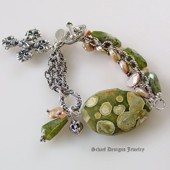 Rhyolite, Peach Coin Pearl, Peach Moonstone, Vesuvianite, and Antiqued silver chain gemstone bracelet | Schaef Designs Gemstone Jewelry | New Mexico