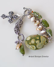 Rhyolite, Peach Coin Pearl, Peach Moonstone, Vesuvianite, and Antiqued silver chain gemstone bracelet | Online Upscale artisan handcrafted gemstone jewelry boutique | Schaef Designs Gemstone Jewelry | New Mexico