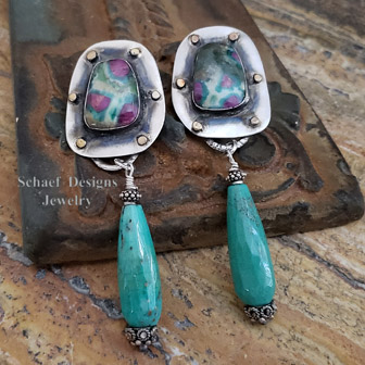 Schaef Designs ruby in zoisite, chrysoprase, sterling silver & brass dangle earrings | Arizona 