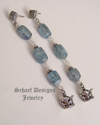 Artisan Handcrafted Gemstone, pearl, & figaro chain designer Jewelry | Kyanite & Sterling Silver Crown Drop Earrings | artisan handcrafted gemstone jewelry by Schaef Designs | New Mexico