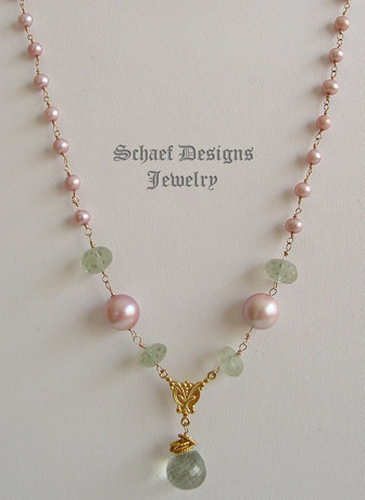 Schaef Designs Prasiolite,Green Amethyst, Pink Pearl & 22kt Gold Vermeil Gemstone Rosary Style Long Necklace | New Mexico 