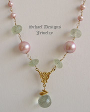 Schaef Designs Prasiolite,Green Amethyst, Pink Pearl & 22kt Gold Vermeil Gemstone Rosary Style Long Necklace | Arizona