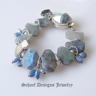 Schaef Designs Jewelry Labradorite, Kyanite, Freshwater Pearl & Sterling Silver gemstone bracelet | 50 Shades of Gray | Schaef Designs artisan handcrafted gemstone Jewelry | upscale online jewelry gallery boutique |New Mexico 