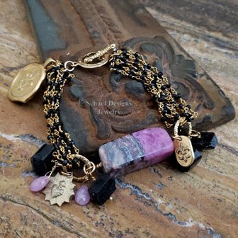 Schaef Designs Sugilite, black tourmaline, pink Sapphire briolettes 22kt gold vermeil bracelet with fleur de lis charms | Arizona