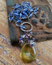 Schaef Designs Smooth lemon topaz briolette crowned with multi colored sapphires on hand linked kyanite & sterling silver necklace | Arizona