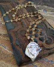 Schaef Designs Irridescent Pink to Peach Freshwater nucleated Pearls on Imperial Topaz & 22kt Gold Vermeil Necklace | New Mexico