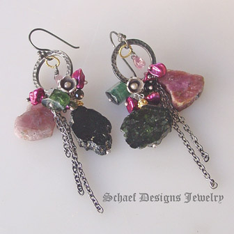 Schaef Designs Pink & green Tourmaline petal pearls, lotus flower chain sterling silver & 24kt gold vermeil Urban Organic earrings, one of a kind gemstone earrings | New Mexico