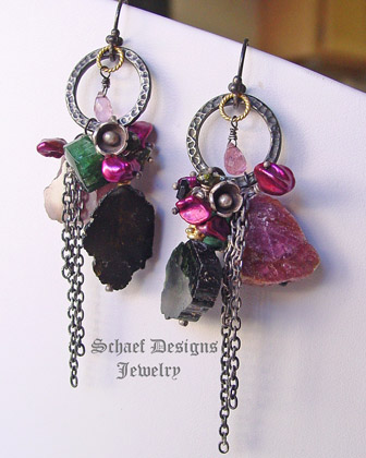 Schaef Designs Pink & green Tourmaline petal pearls, lotus flower chain sterling silver & 24kt gold vermeil Urban Organic earrings, one of a kind gemstone earrings | New Mexico 