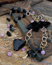 Schaef Designs Black Tourmaline, Pink Sapphire Brioliettes & 24kt Gold Vermeil charm long necklace | Arizona 