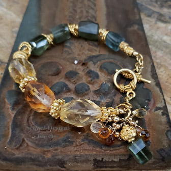 Artisan handcrafted gemstone bracelet of citrine nuggets, rare moss aquamarine and 22kt gold vermeil bracelet | Arizona 