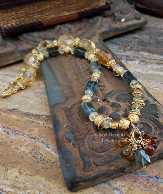 Schaef Designs citrine nuggets, rare moss aquamarine and 22kt gold vermeil necklace | Arizona 