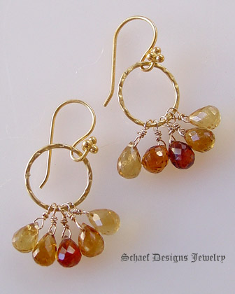 Schaef Designs Shaded Citrine faceted briolettes on 22kt gold vermeil ring dangle earrings | New Mexico