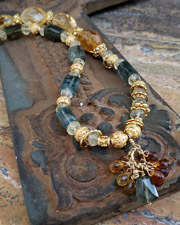Schaef Designs Artisan handcrafted gemstone necklace of citrine nuggets, rare moss aquamarine and 22kt gold vermeil | Arizona
