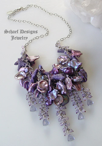 Purple coral, petal pearl, scorolite, mystic blue quartz, & sterling silver necklace | artisan handcrafted pearl & gemstone jewelry | online upscale designer jewelry gallery boutique | Schaef Designs designer pearl & gemstone jewelry | San Diego, CA 