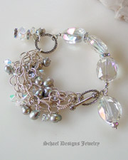 Dove Gray Pearl AB Clear Quartz & Swarovski Crystal & Sterling Silver Chain Bracelet | online upscale artisan handcrafted jewelry boutique | Schaef Designs Pearl Jewelry | San Diego, CA 