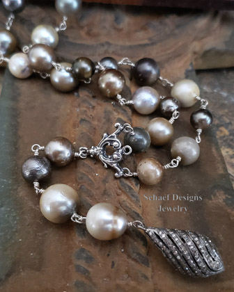 Schaef Designs Multi colored tahitian pearls lariat style necklace with pave diamond swirl pendant  | Arizona  