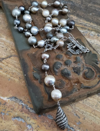Schaef Designs Multi colored tahitian pearls lariat style necklace with pave diamond swirl pendant  | Arizona  