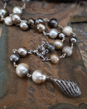 Schaef Designs Creamy white keishi pearls solar quartz & smokey topaz long danlge earrings | New Mexico